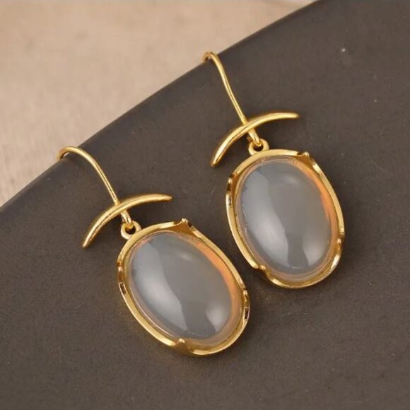 NEW Minimalist 18K Gold Plated Gray Cabochon Drop Earrings - Picture 5 of 5